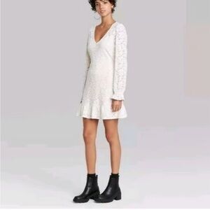 NWT Wild Fable Velvet Textured Cream Long Sleeve Mini Dress Ruffle Hem Size M